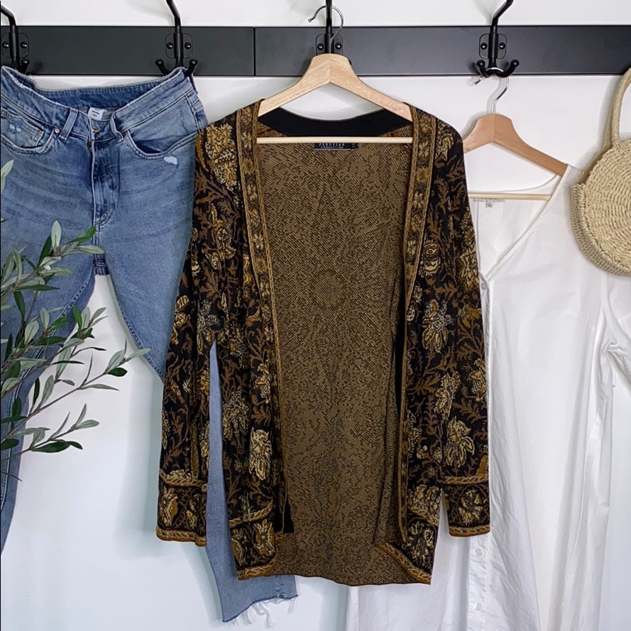 Peruvian Connection Black And Gold Floral Velvet Cardigan